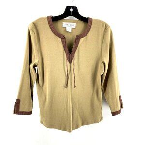 Jones Wear Sport Women's Brown 3/4 Sleeve Shirt Faux Leather Trim Size Medium